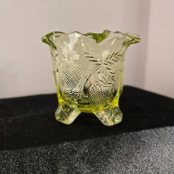 Vaseline Glass Strawberries Toothpick Holder Ruffled Top - Picture 1 of 6
